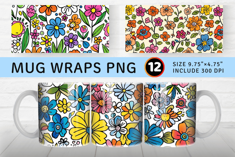 Cute Doodle Flowers Mug Wrap Sublimation Designs