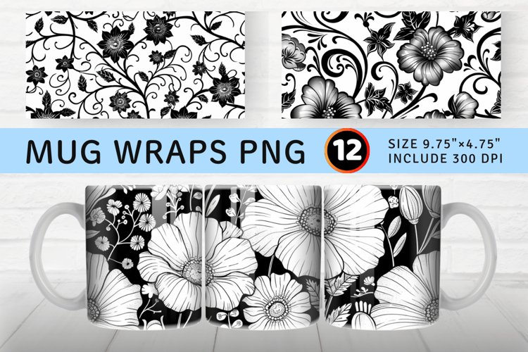 Black and White Floral Mug wrap Sublimation Designs