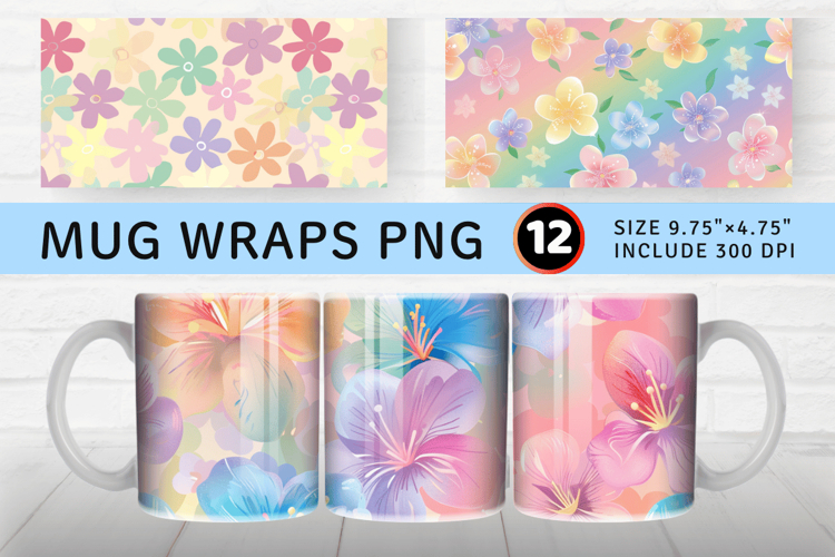 Pastel Rainbow Blooming Flowers Mug Wrap Sublimation Designs example image 1