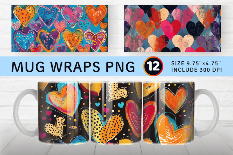 Mixed Media Funky Hearts Mug Wrap Sublimation Designs