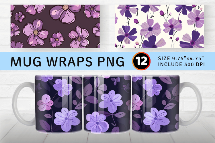 Cute Purple Flowers Mug Wrap Sublimation Designs