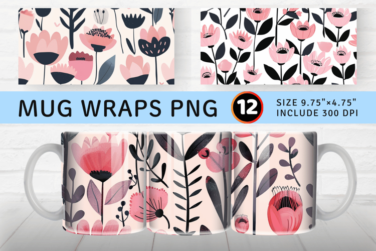 Pink Scandinavian Flowers Mug Wrap Sublimation Designs