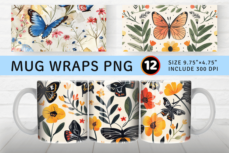 Flowers and Butterflys Mug Wrap Sublimation Designs