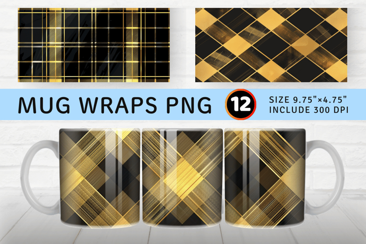 Gold   Black Plaid Mug Wrap Sublimation Designs
