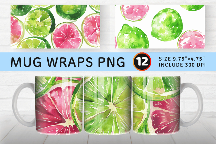 Pink   Green Watercolor Limes Mug Wrap Sublimation Designs