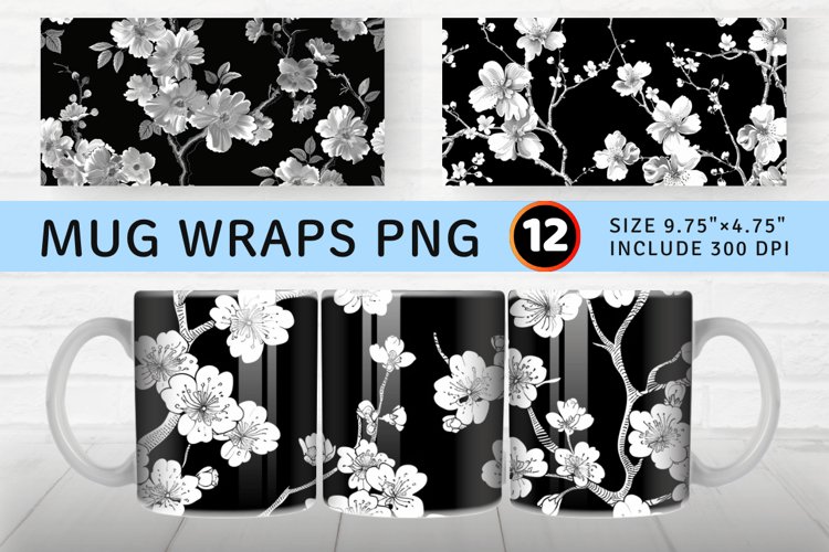 Black   White Cherry Blossoms Mug wrap Sublimation Designs