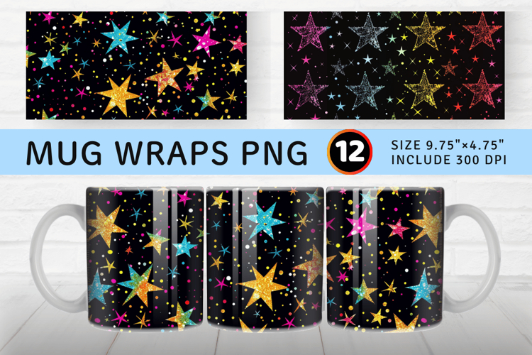 Glitter Neon Stars Mug Wrap Sublimation Designs example image 1