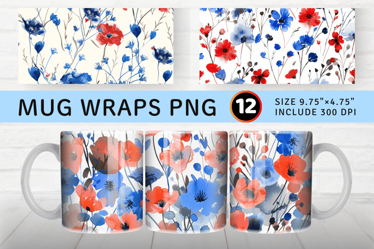 Red Blue Watercolor Wildflowers Mug Wrap Sublimation Designs