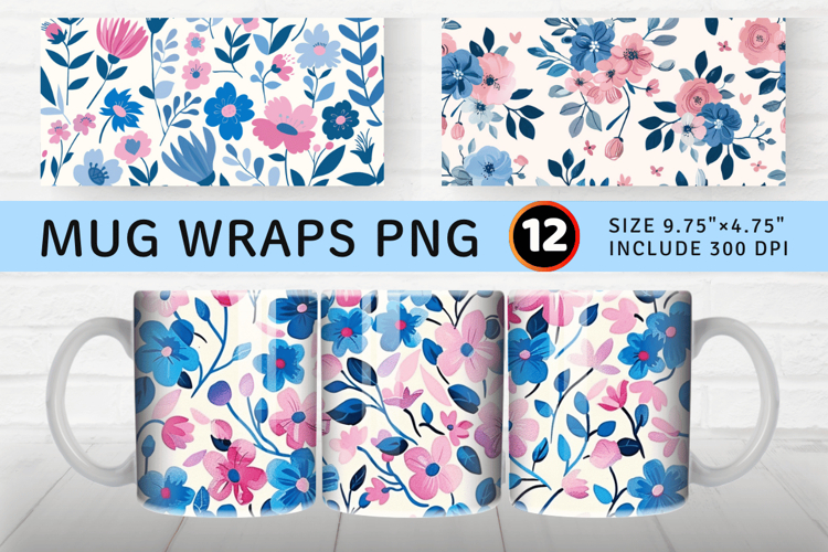 Pink   Blue Cute Floral Mug Wrap Sublimation Designs
