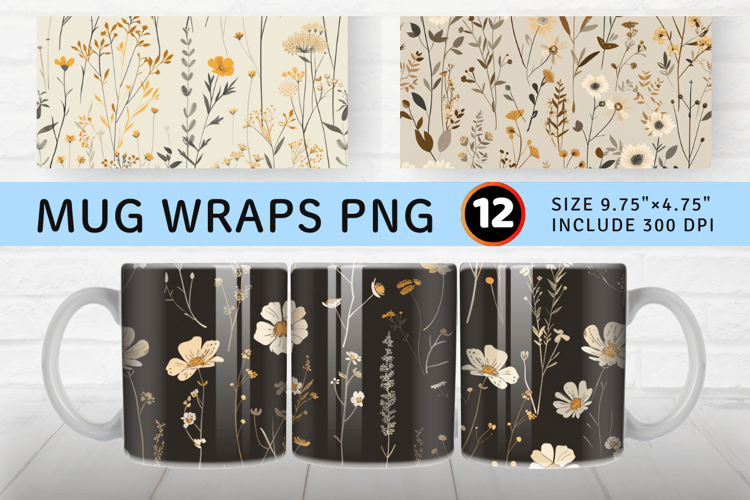 Neutral Wildflowers Mug Wrap Sublimation Designs