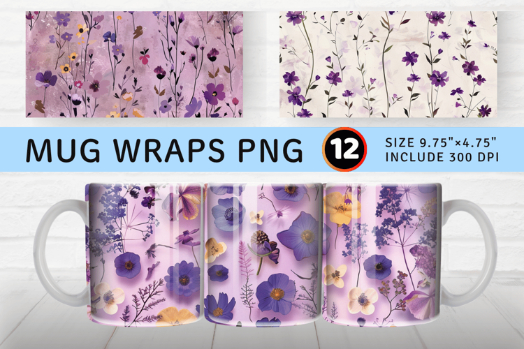 Purple Pressed Flowers Mug Wrap Sublimation Designs
