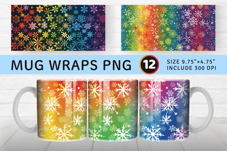 Funky Rainbow Snowflakes Mug Wrap Sublimation Designs