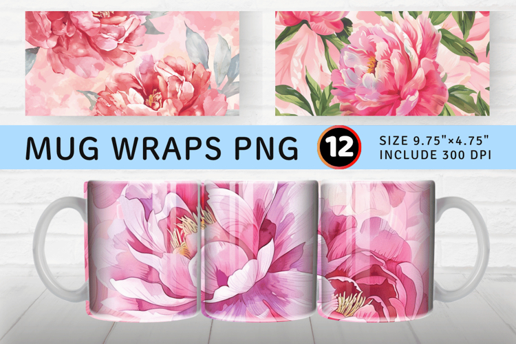 Pink Watercolor Peonies Mug Wrap Sublimation Designs