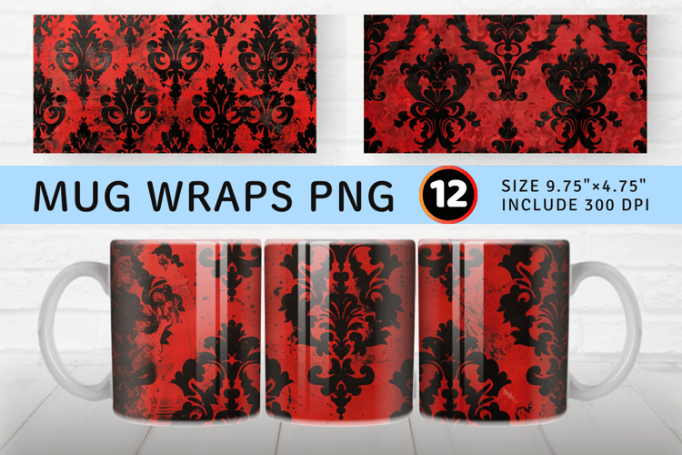 Red and Black Damask Mug Wrap Sublimation Designs