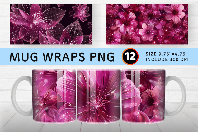 Magenta Pink Glitter Flowers Mug Wrap Sublimation Designs