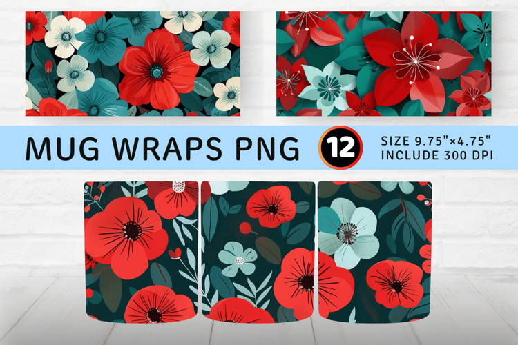 Red   Teal Flowers Mug Wrap Sublimation Designs