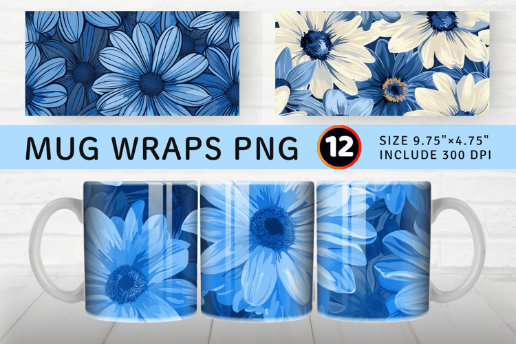 Blue Daisy Floral Mug Wrap Sublimation Designs