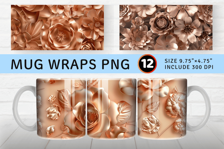 Rose Gold 3D Flowers Mug Wrap Sublimation Designs