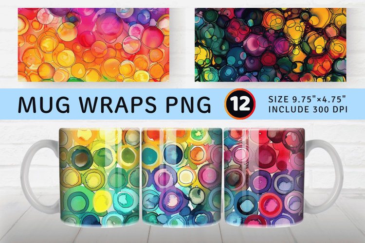 Rainbow Alcohol Ink Circles Mug Wrap Sublimation Designs