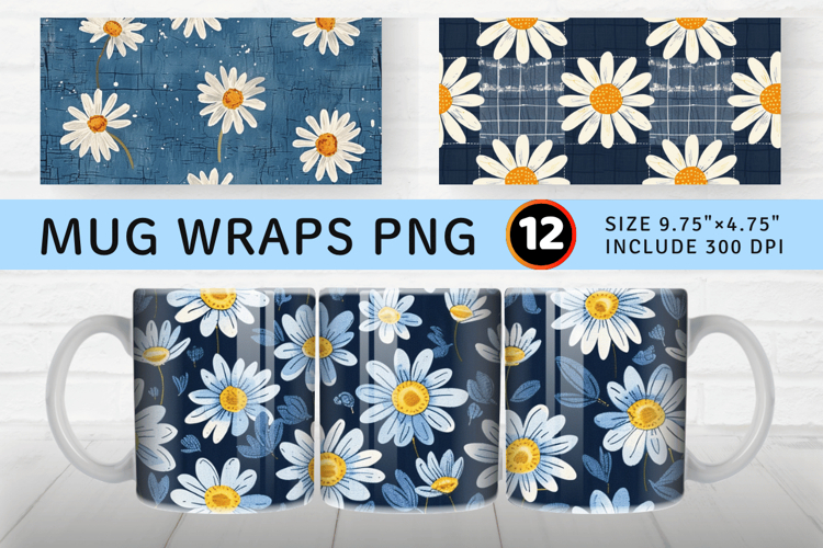 Daisies Bloom Swatches Denim Mug Wrap Sublimation Designs