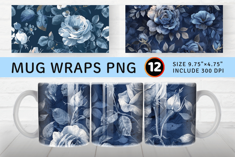 Vintage Navy Roses Mug Wrap Sublimation Designs