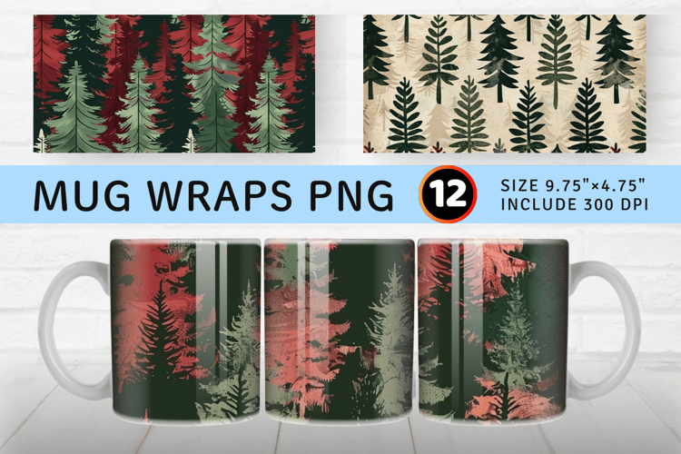Red   Green Pine Trees Mug Wrap Sublimation Designs