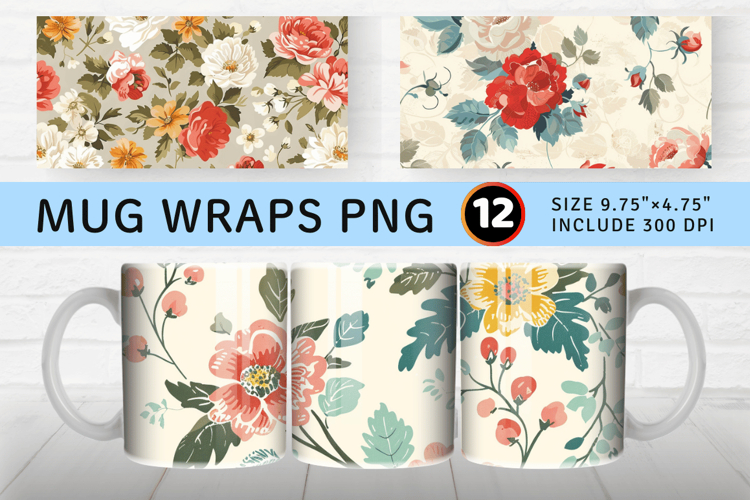 Retro Wedding Flowers Mug Wrap Sublimation Designs