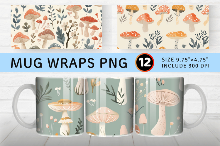 Pastel Cottagecore Mushroom Garden Mug Wrap Sublimation Desi