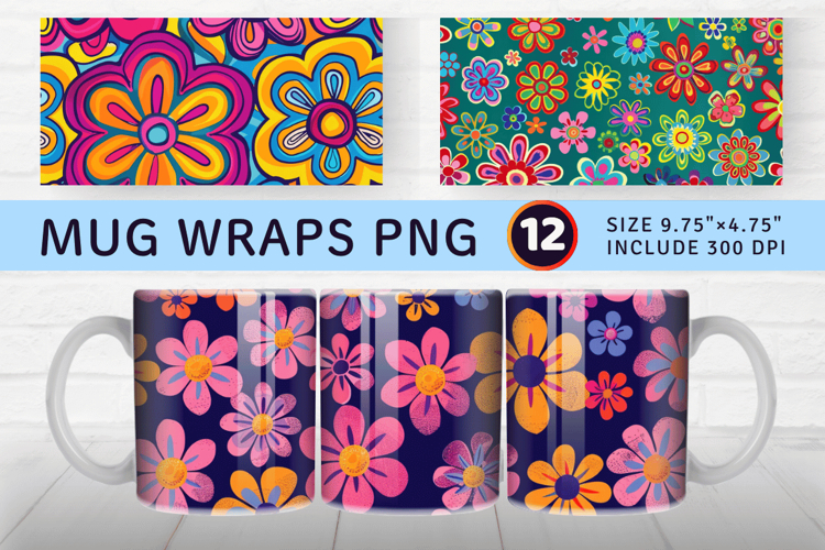 Funky Groovy Boho Flowers Mug Wrap Sublimation Designs