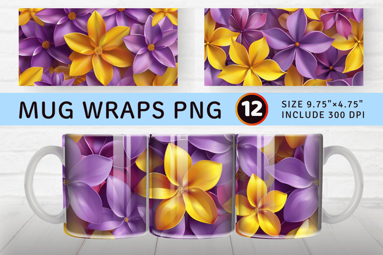 Purple   Yellow 3D Flowers Mug Wrap Sublimation Designs