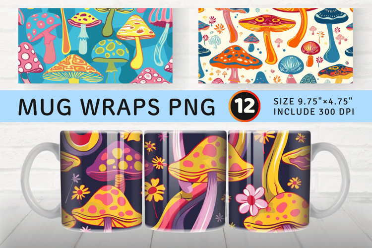 70s Groovy Mushrooms Mug Wrap Sublimation Designs example image 1