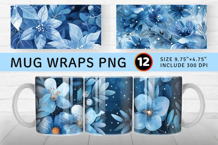Blue Winter Flowers Mug Wrap Sublimation Designs