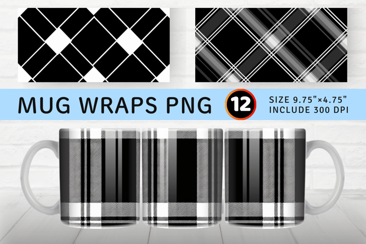 Black White Plaid Mug Wrap Sublimation Designs