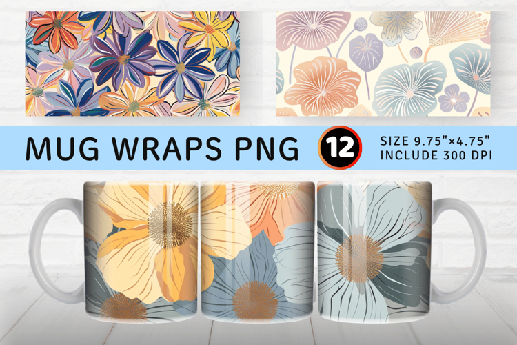 Funky Pastel Flowers Mug Wrap Sublimation Designs