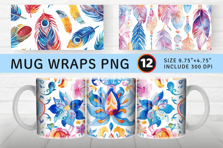 Watercolor Bohemian mug wrap sublimation Designs