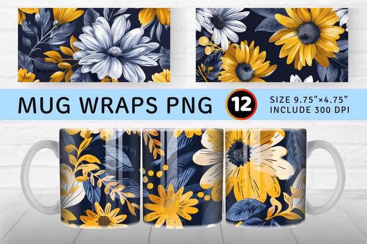 Navy   Yellow Daisy Floral Mug Wrap Sublimation Designs