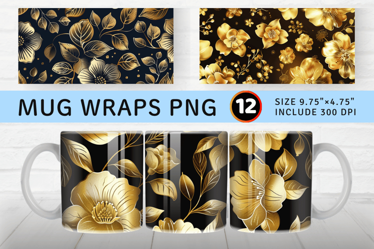 Gold Flowers Mug Wrap Sublimation Designs
