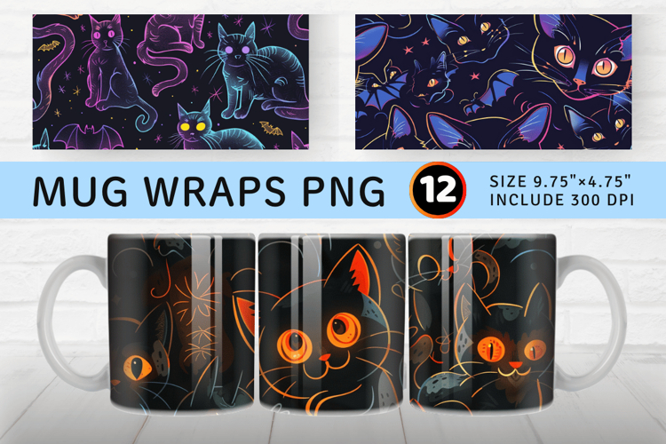 Halloween cats bats creepy kawaii glowing Mug Wrap Sublimati