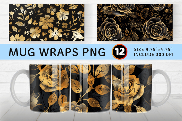 Black and Gold Roses Mug Wrap Sublimation Designs