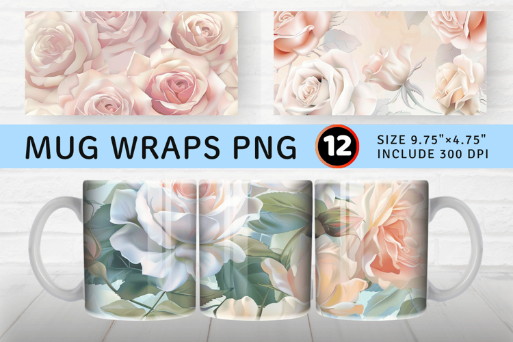 Delicate Pastel Roses Mug Wrap Sublimation Designs