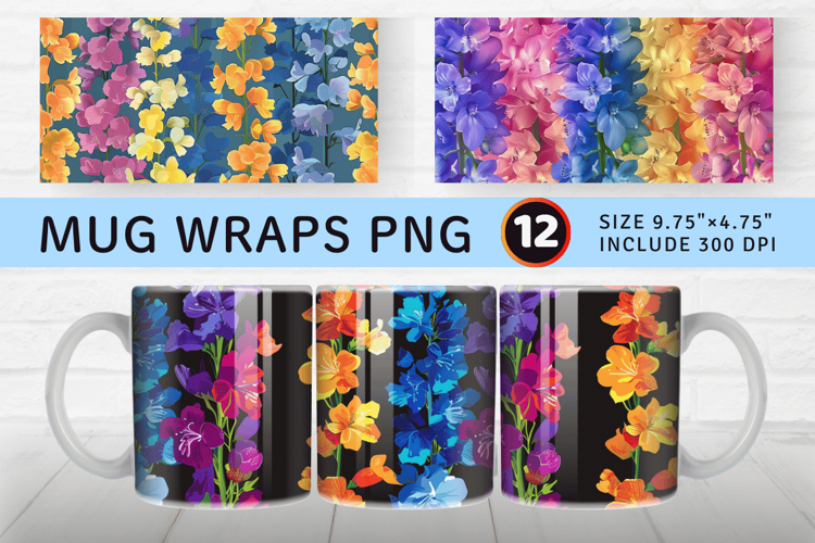 Rainbow Larkspur Flowers Mug Wrap Sublimation Designs