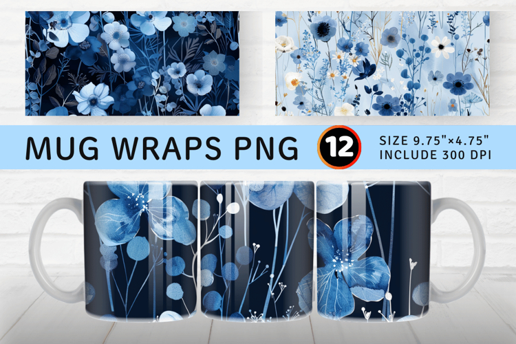 Blue Winter Pressed Flowers Mug Wrap Sublimation Designs