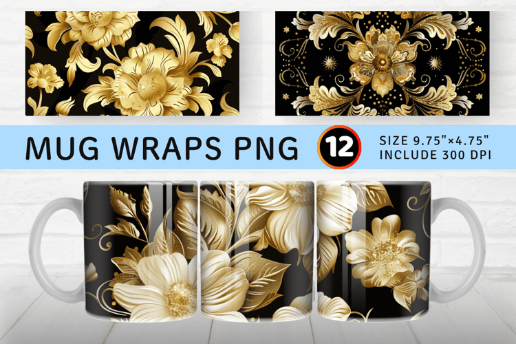 Golden Damask Flowers Glitter Mug Wrap Sublimation Designs