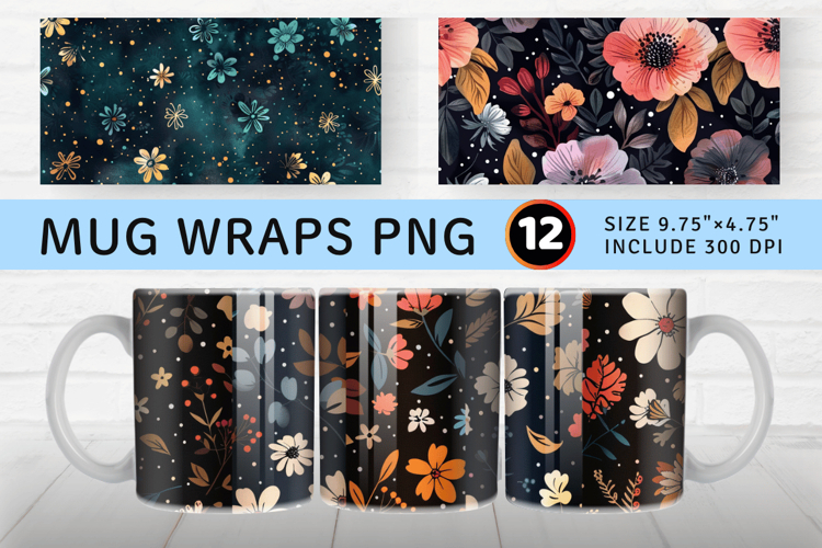 Midnight Boho Blossoms Mug Wrap Sublimation Designs