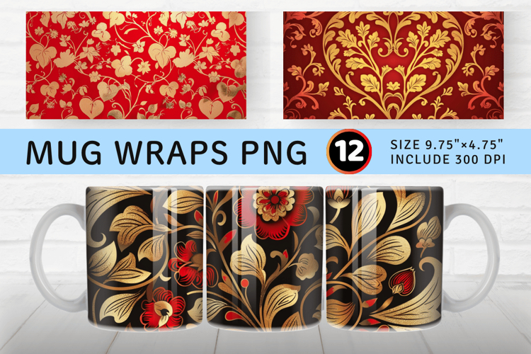 Red   Gold Heart Floral Mug Wrap Sublimation Designs