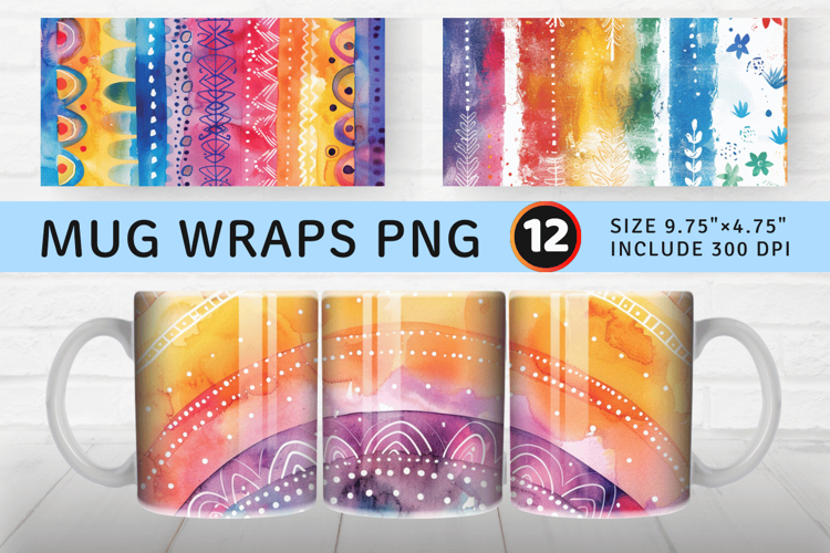 Watercolor Boho Rainbow Mug Wrap Sublimation Designs