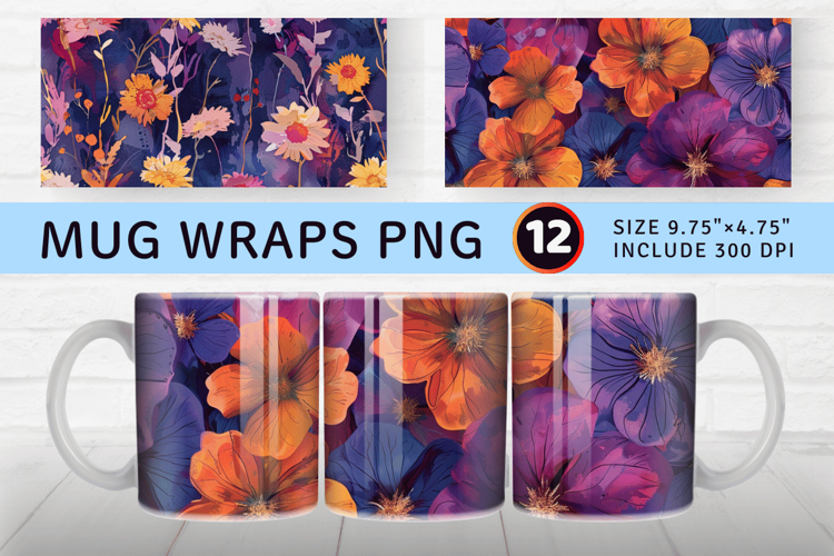 Vibrant Pressed Flowers mug wrap sublimation Designs