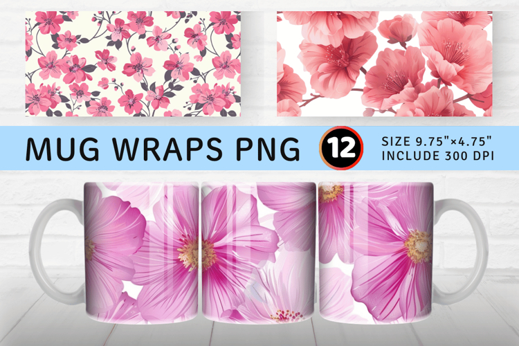 Pretty Pink Flowers Mug Wrap Sublimation Designs