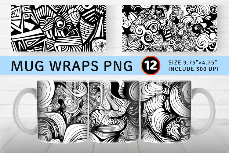 Abstract Black   White Doodle Mug Wrap Sublimation Designs