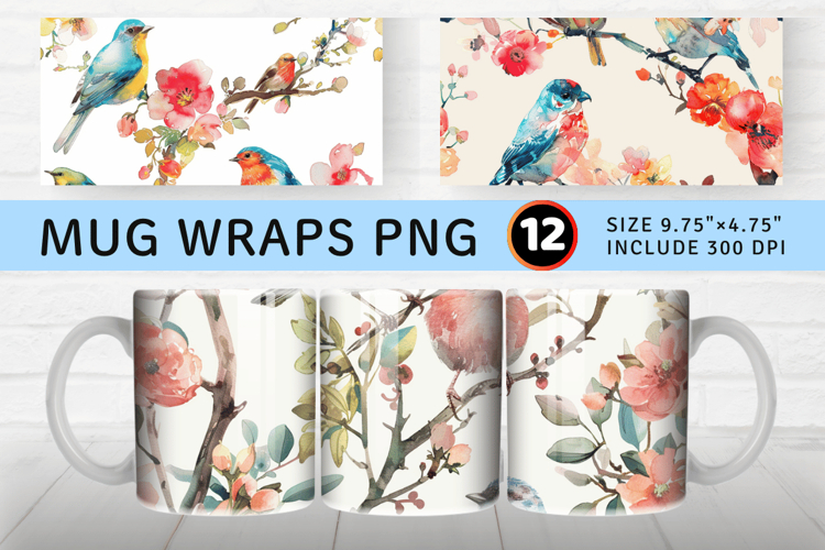 Watercolor Floral Birds mug wrap sublimation Designs